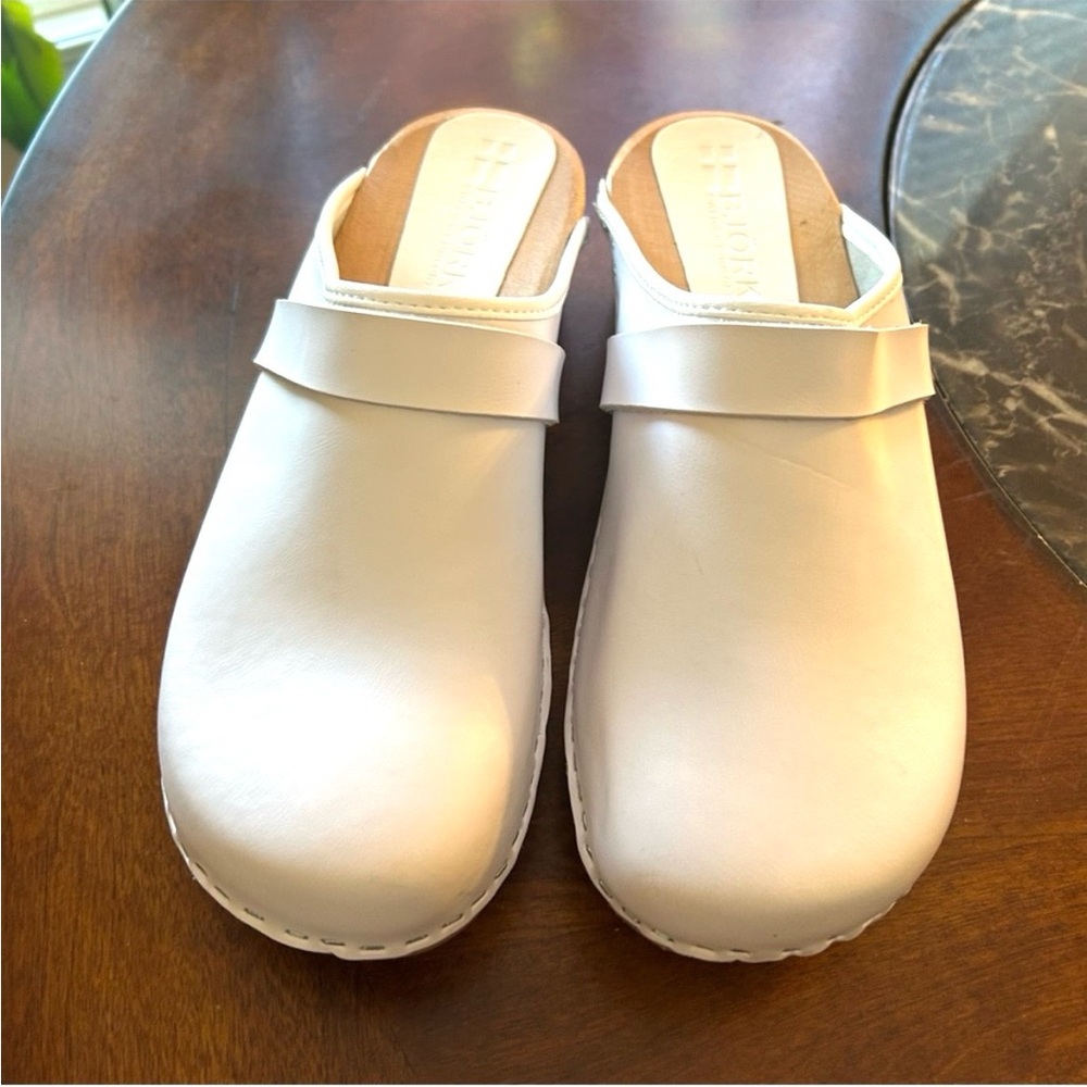 NEW BJORK Maja White Wood Look Sole 42 Open Back LEATHER Clogs (10.5) nurse - Picture 16 of 16